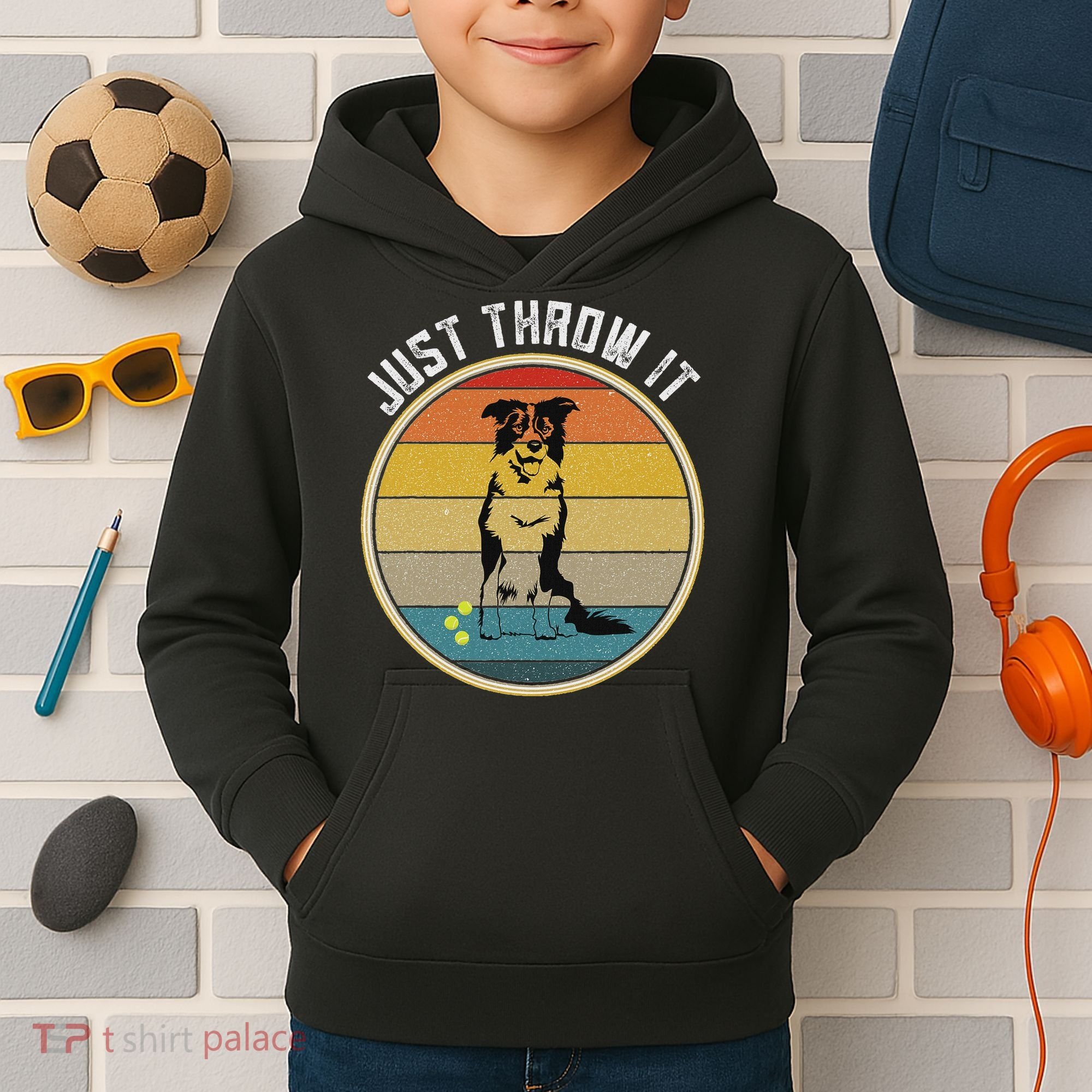 Retro Border Collie Lover Just Throw It Border Collie Mom Kids Hoodie