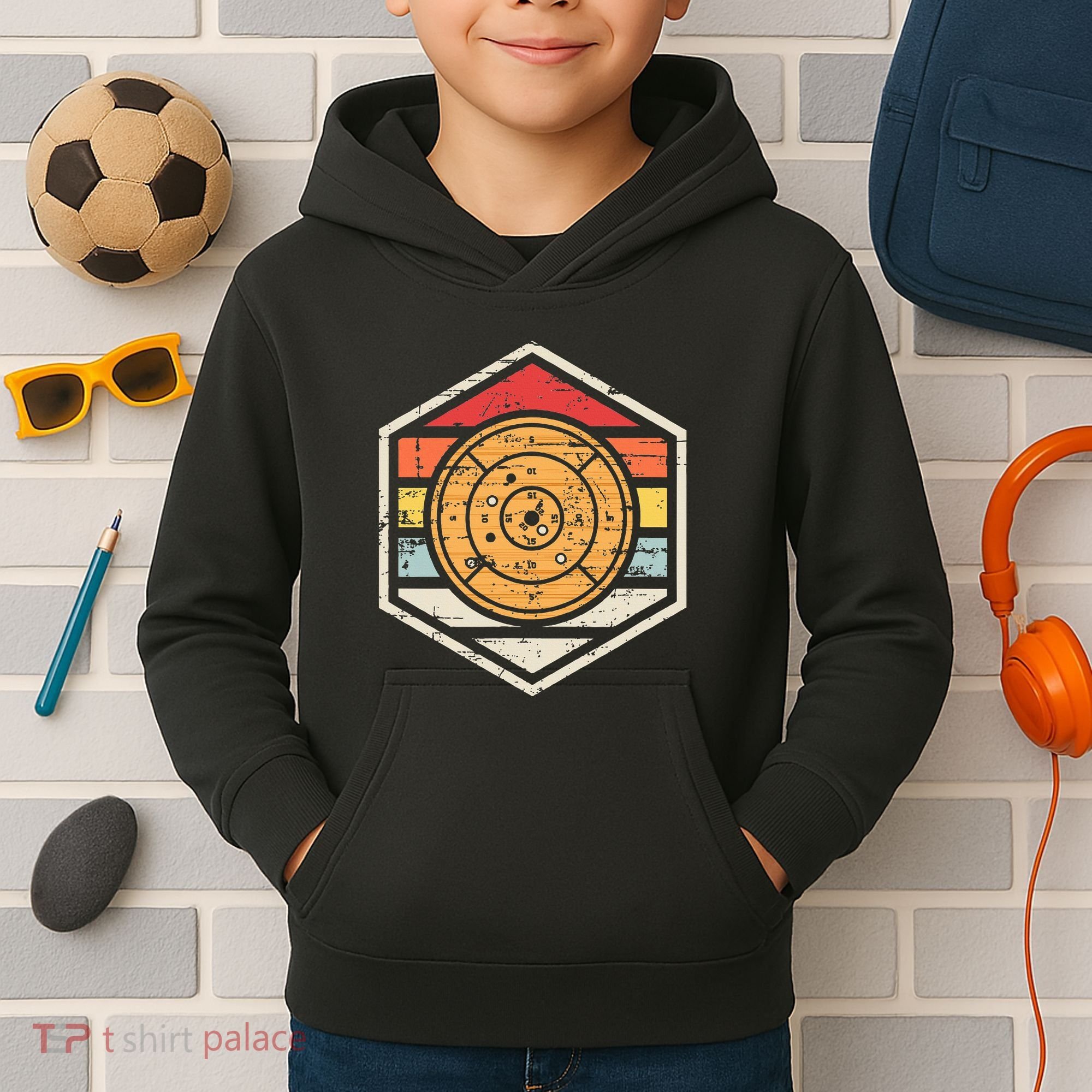 Retro Badge Crokinole Board Kids Hoodie