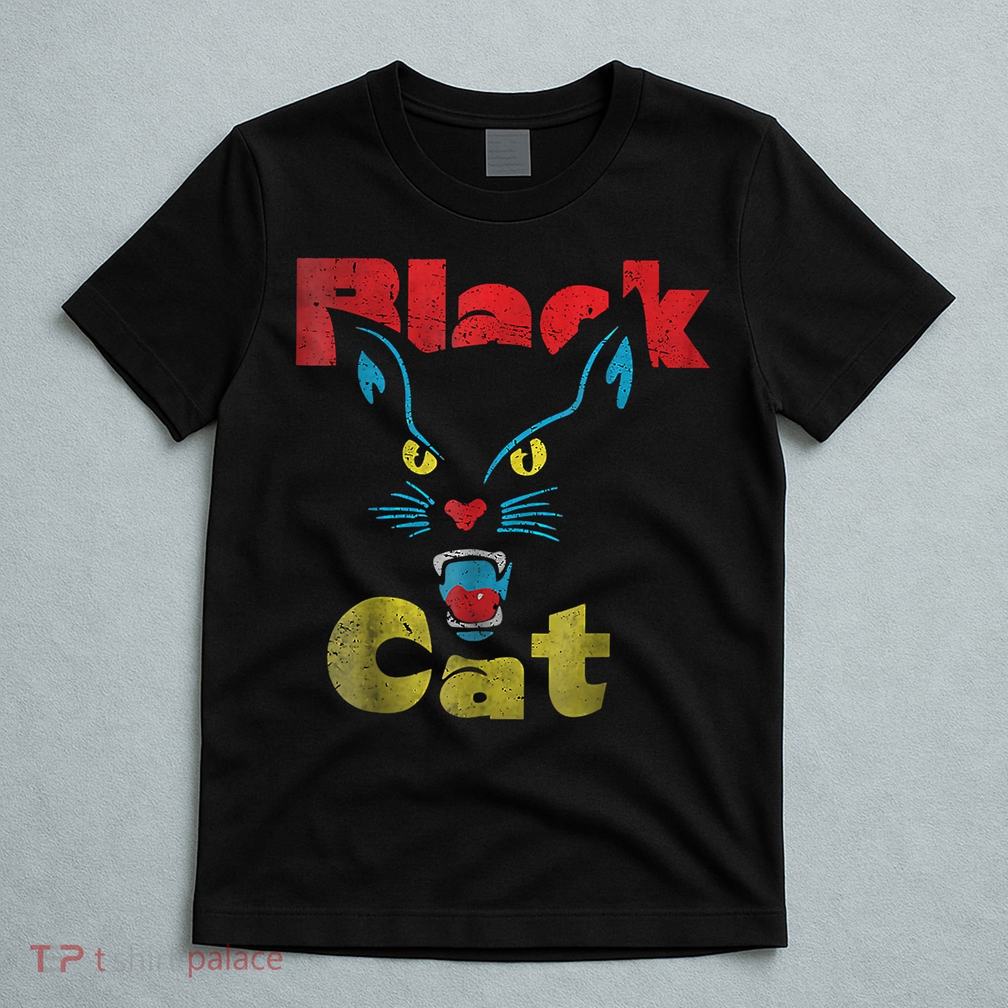 Retro Black Cat Retro Fireworks Vintage Halloween 70s T-Shirt