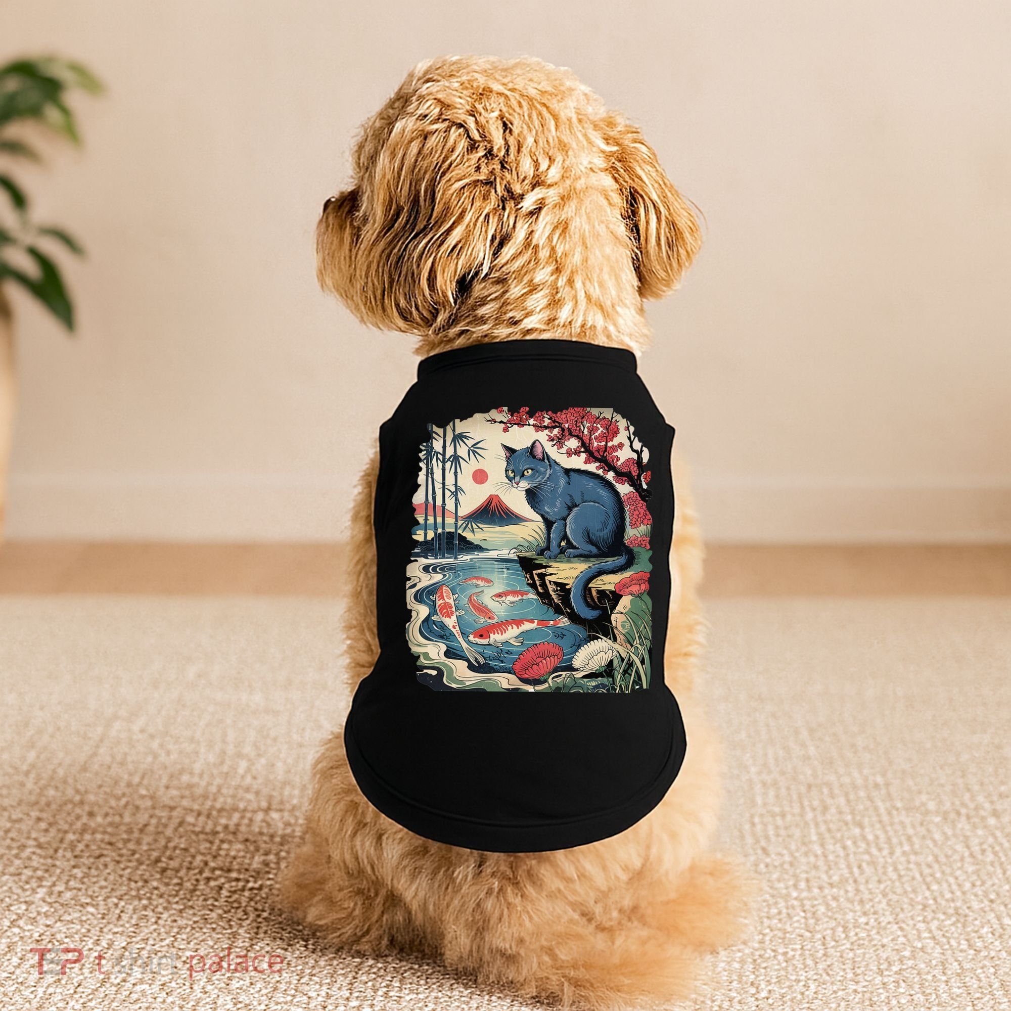Russian Blue Cat Koi Fish Pond Japanese Ukiyo-e Woodblock Doggie Tank
