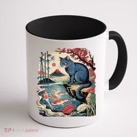 Russian Blue Cat Koi Fish Pond Japanese Ukiyo-e Woodblock Coffee Mug thumb 1