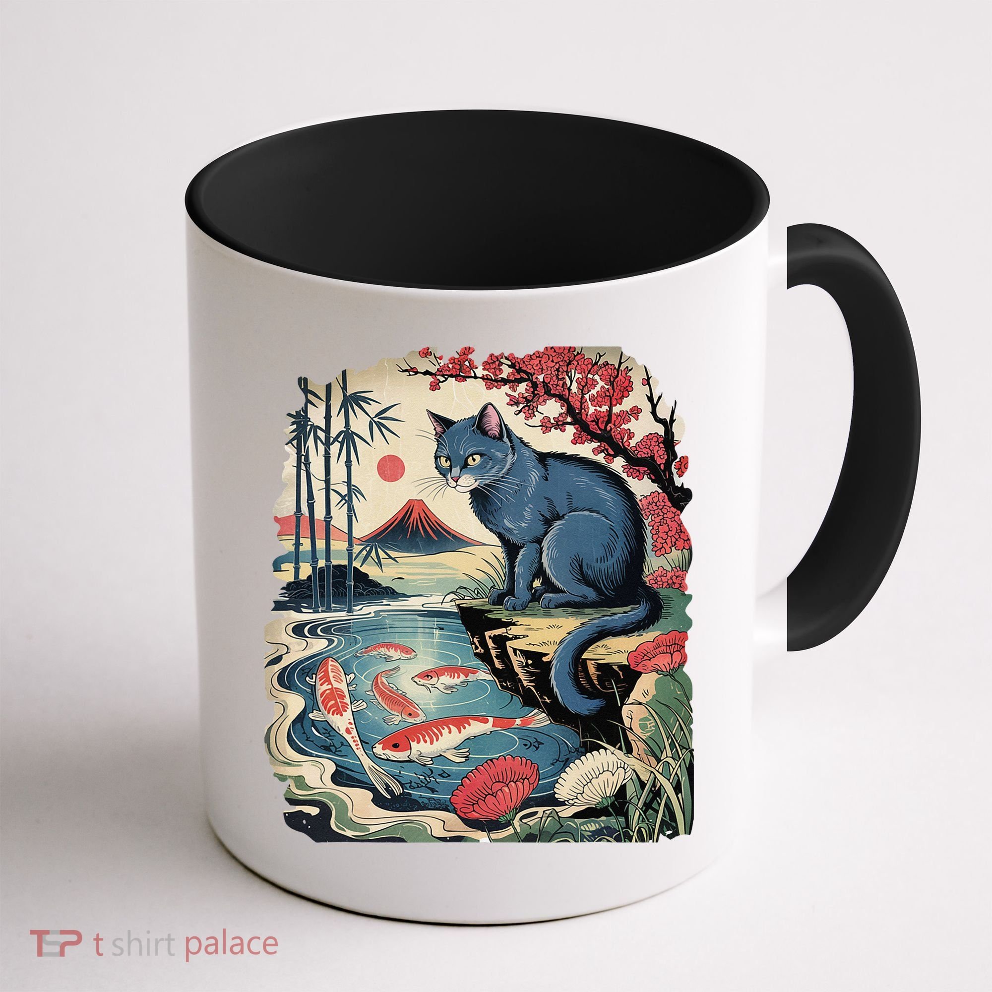 Russian Blue Cat Koi Fish Pond Japanese Ukiyo-e Woodblock Coffee Mug