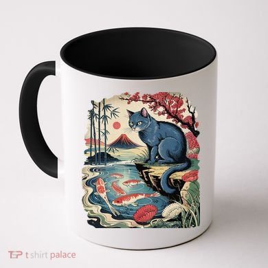 Russian Blue Cat Koi Fish Pond Japanese Ukiyo-e Woodblock Coffee Mug