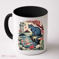 Russian Blue Cat Koi Fish Pond Japanese Ukiyo-e Woodblock Coffee Mug thumb 0
