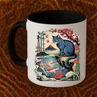 Russian Blue Cat Koi Fish Pond Japanese Ukiyo-e Woodblock Coffee Mug thumb 2