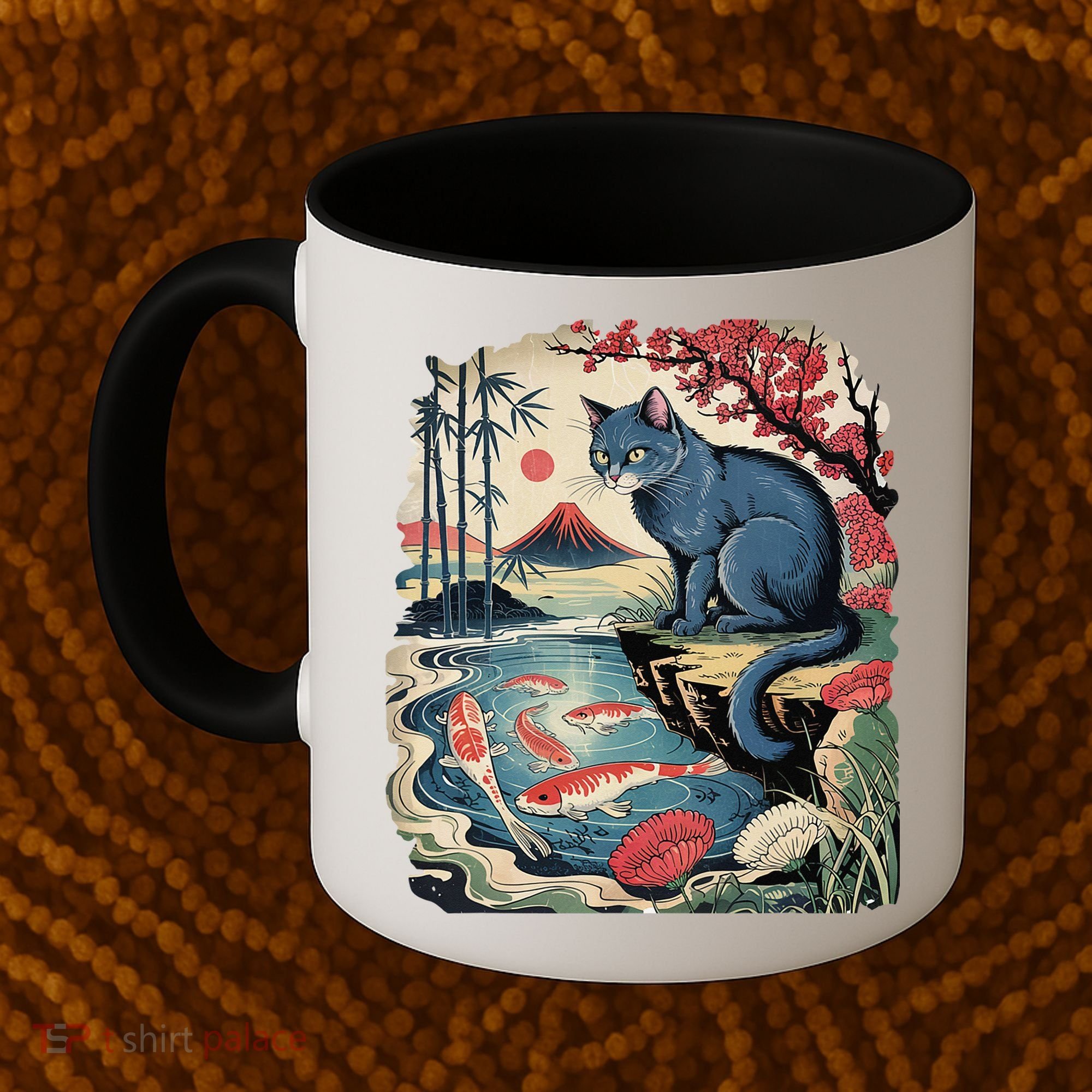 Russian Blue Cat Koi Fish Pond Japanese Ukiyo-e Woodblock Coffee Mug