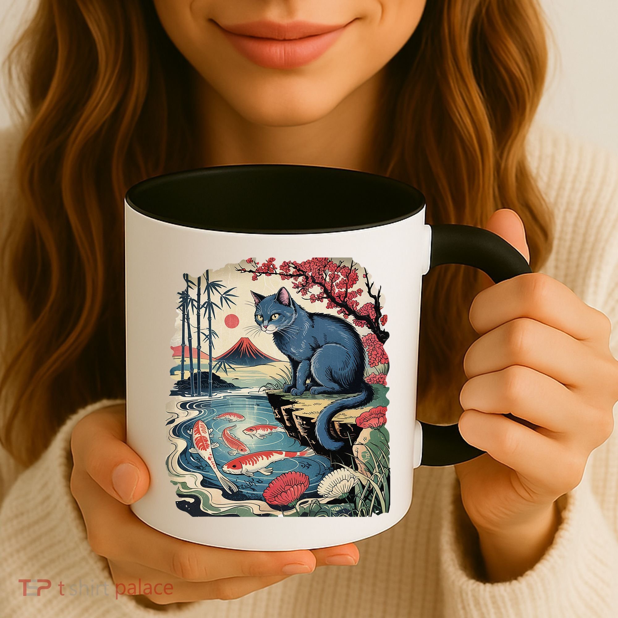 Russian Blue Cat Koi Fish Pond Japanese Ukiyo-e Woodblock Coffee Mug