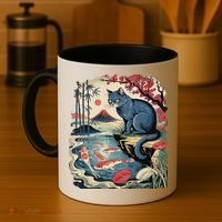 Russian Blue Cat Koi Fish Pond Japanese Ukiyo-e Woodblock Coffee Mug thumb 4