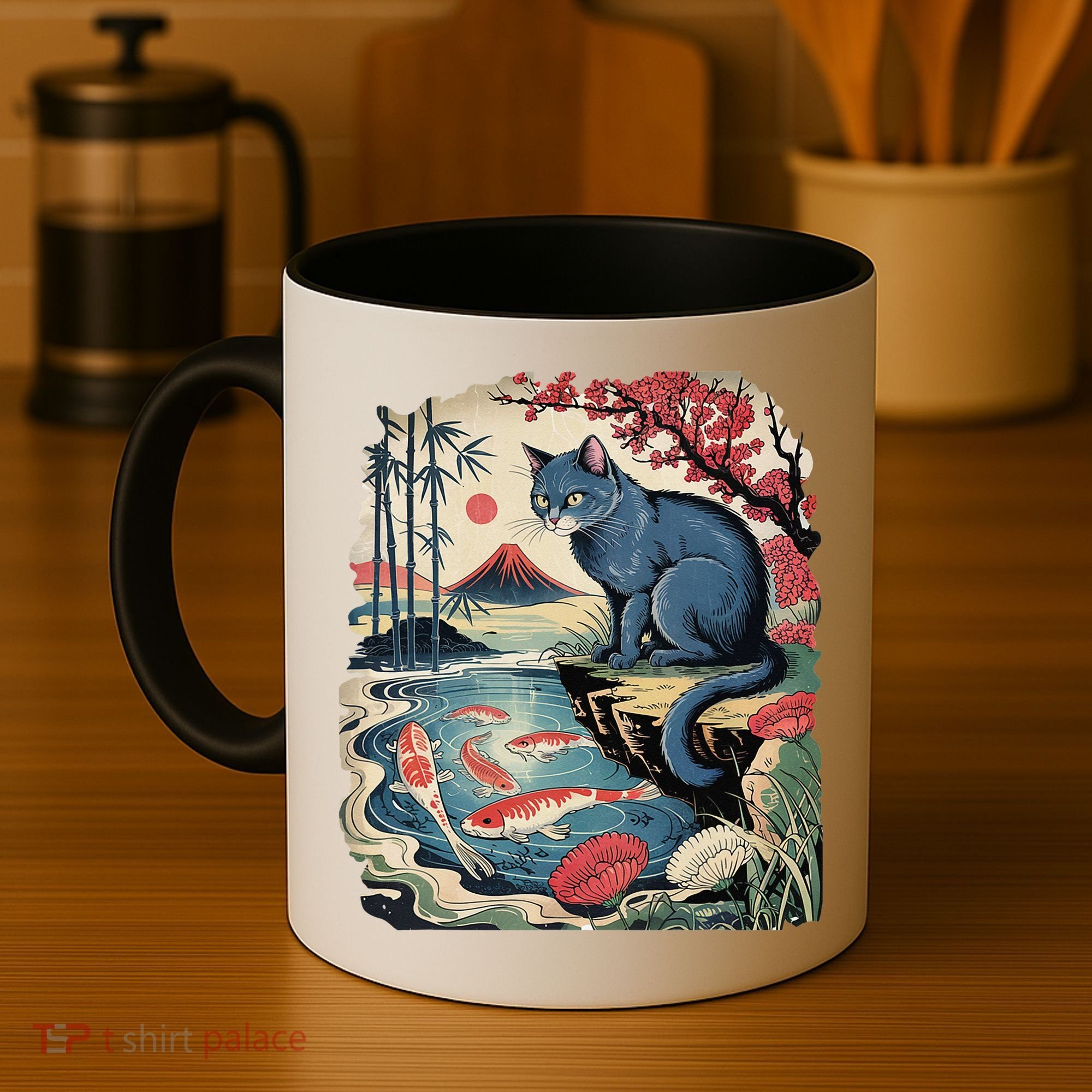 Russian Blue Cat Koi Fish Pond Japanese Ukiyo-e Woodblock Coffee Mug