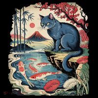 Russian Blue Cat Koi Fish Pond Japanese Ukiyo-e Woodblock Coffee Mug thumb 5