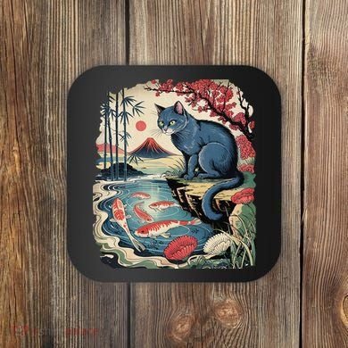 Russian Blue Cat Koi Fish Pond Japanese Ukiyo-e Woodblock Coaster