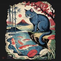 Russian Blue Cat Koi Fish Pond Japanese Ukiyo-e Woodblock Coaster thumb 2