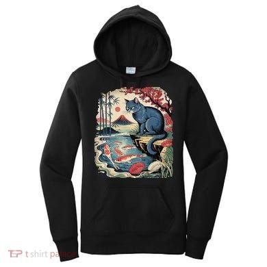 Russian Blue Cat Koi Fish Pond Japanese Ukiyo-e Woodblock Women's Hoodie