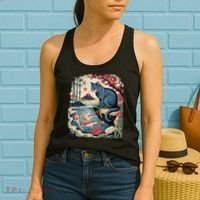 Russian Blue Cat Koi Fish Pond Japanese Ukiyo-e Woodblock Women's Tank Top thumb 2