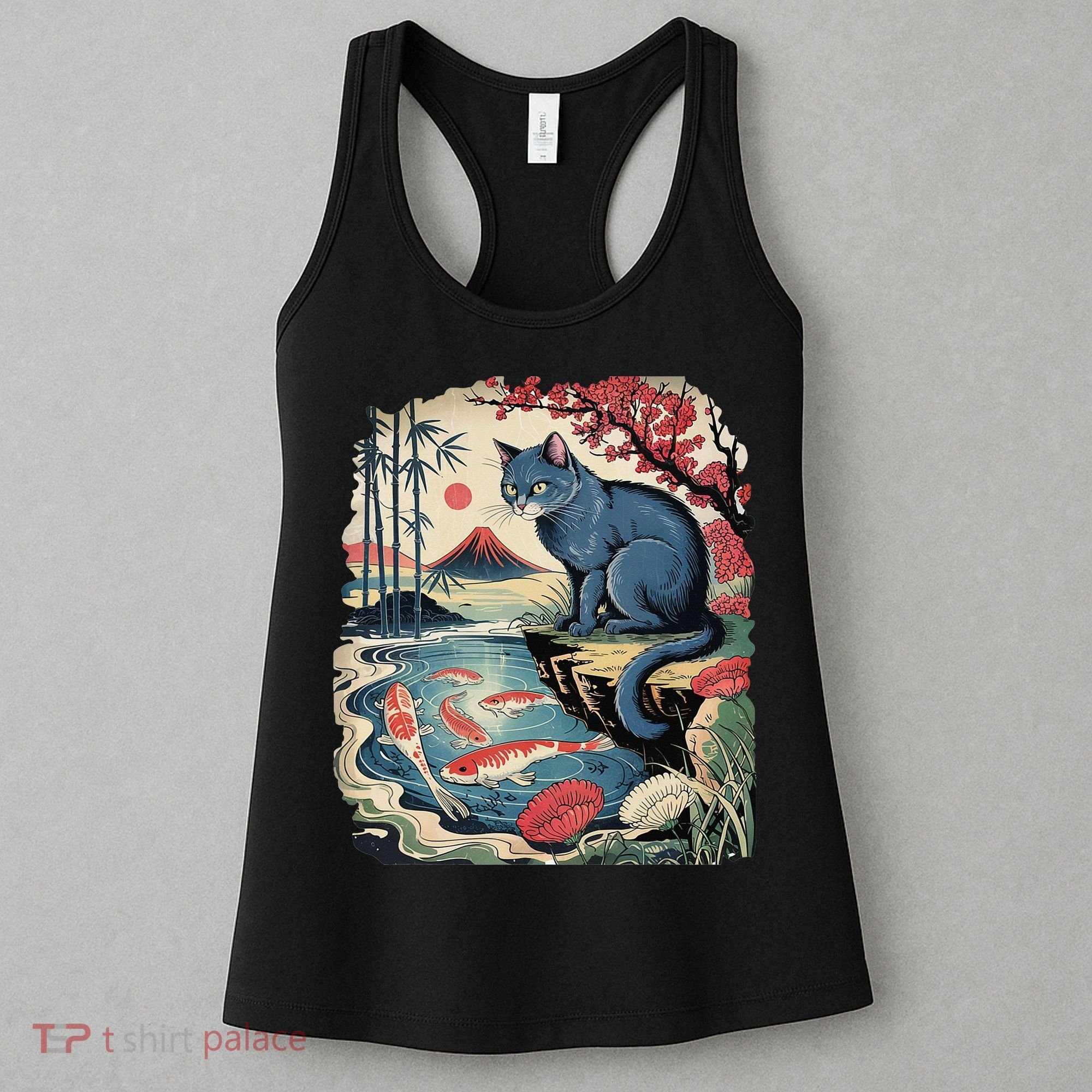 Russian Blue Cat Koi Fish Pond Japanese Ukiyo-e Woodblock Women's Tank Top