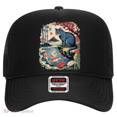 Russian Blue Cat Koi Fish Pond Japanese Ukiyo-e Woodblock Hat