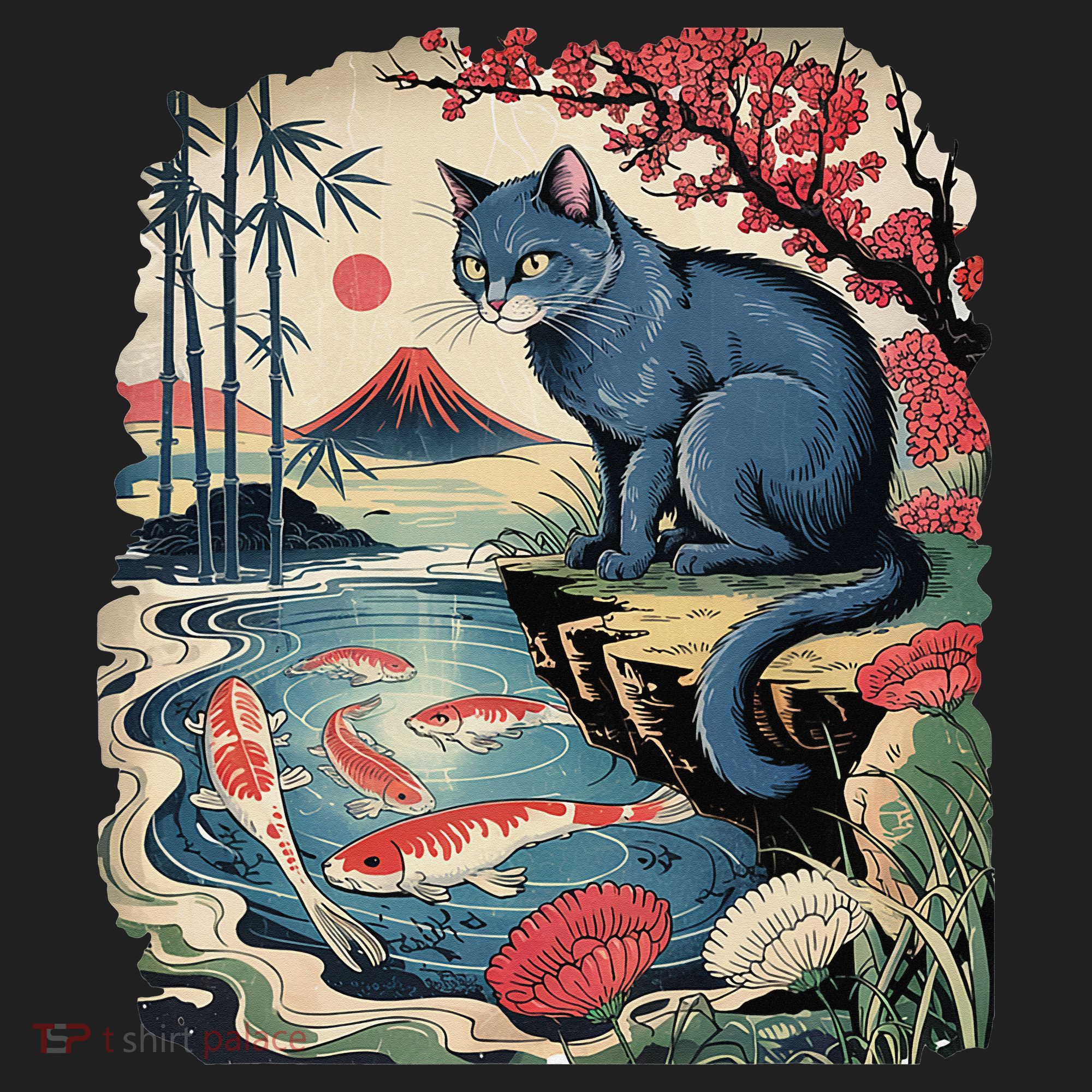 Russian Blue Cat Koi Fish Pond Japanese Ukiyo-e Woodblock Hat