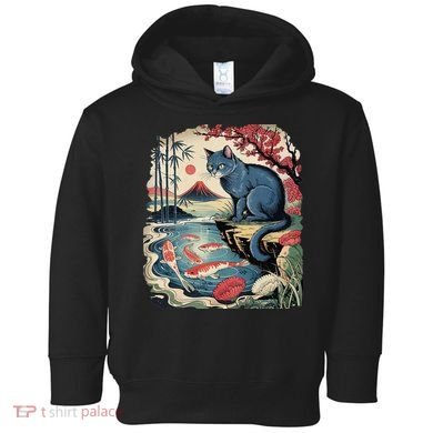 Russian Blue Cat Koi Fish Pond Japanese Ukiyo-e Woodblock Toddler Hoodie