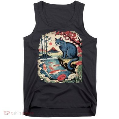 Russian Blue Cat Koi Fish Pond Japanese Ukiyo-e Woodblock Tank Top