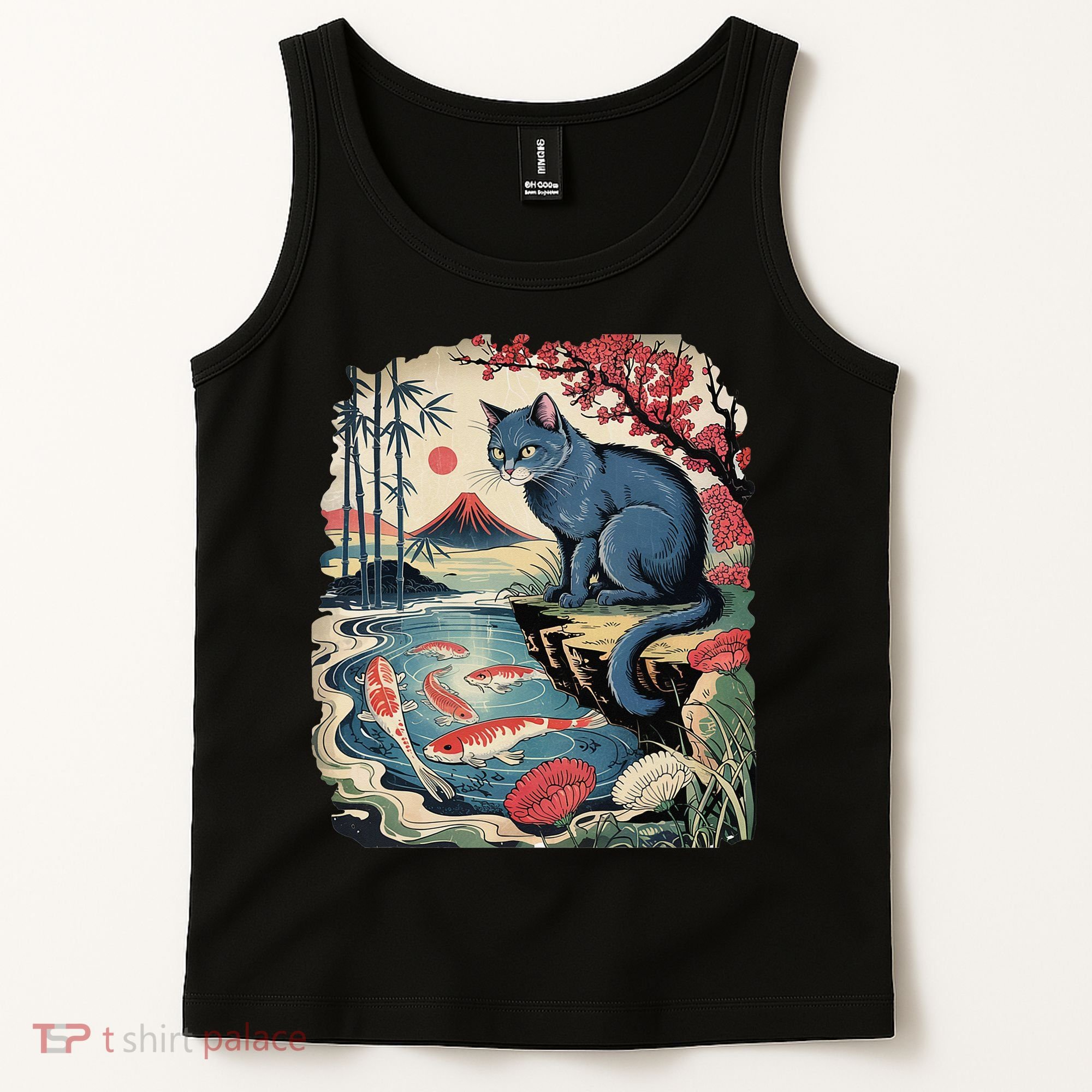 Russian Blue Cat Koi Fish Pond Japanese Ukiyo-e Woodblock Tank Top