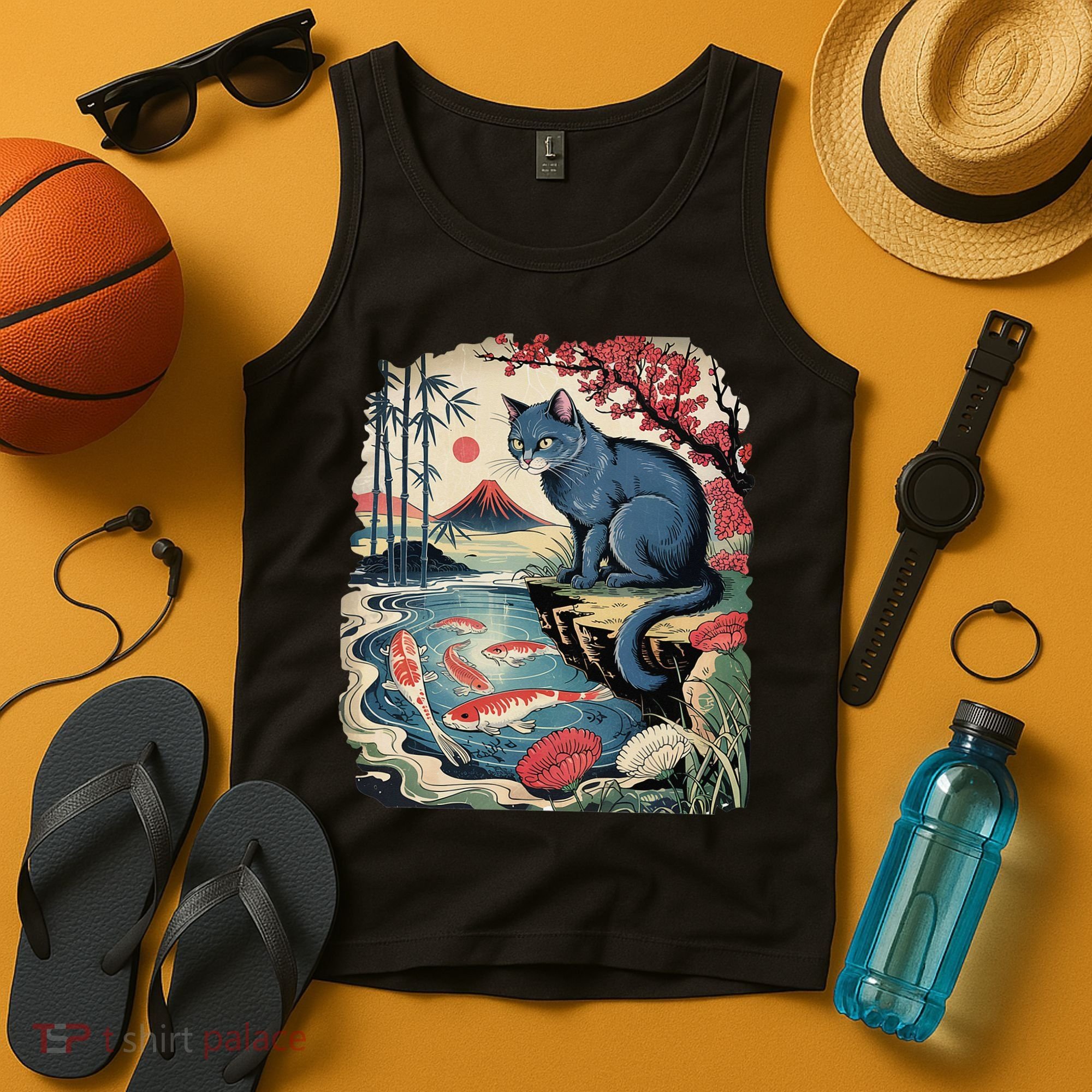 Russian Blue Cat Koi Fish Pond Japanese Ukiyo-e Woodblock Tank Top