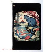 Russian Blue Cat Koi Fish Pond Japanese Ukiyo-e Woodblock Golf Towel thumb 0