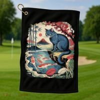 Russian Blue Cat Koi Fish Pond Japanese Ukiyo-e Woodblock Golf Towel thumb 1