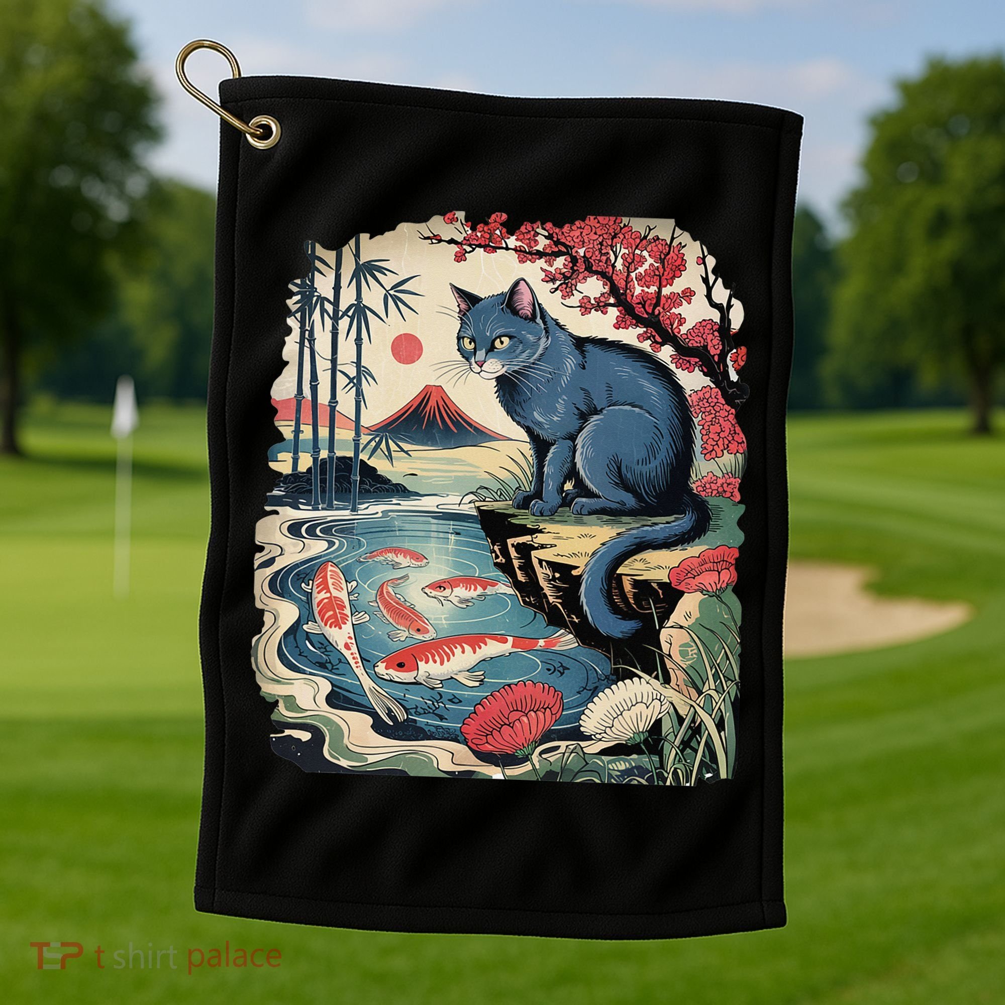 Russian Blue Cat Koi Fish Pond Japanese Ukiyo-e Woodblock Golf Towel