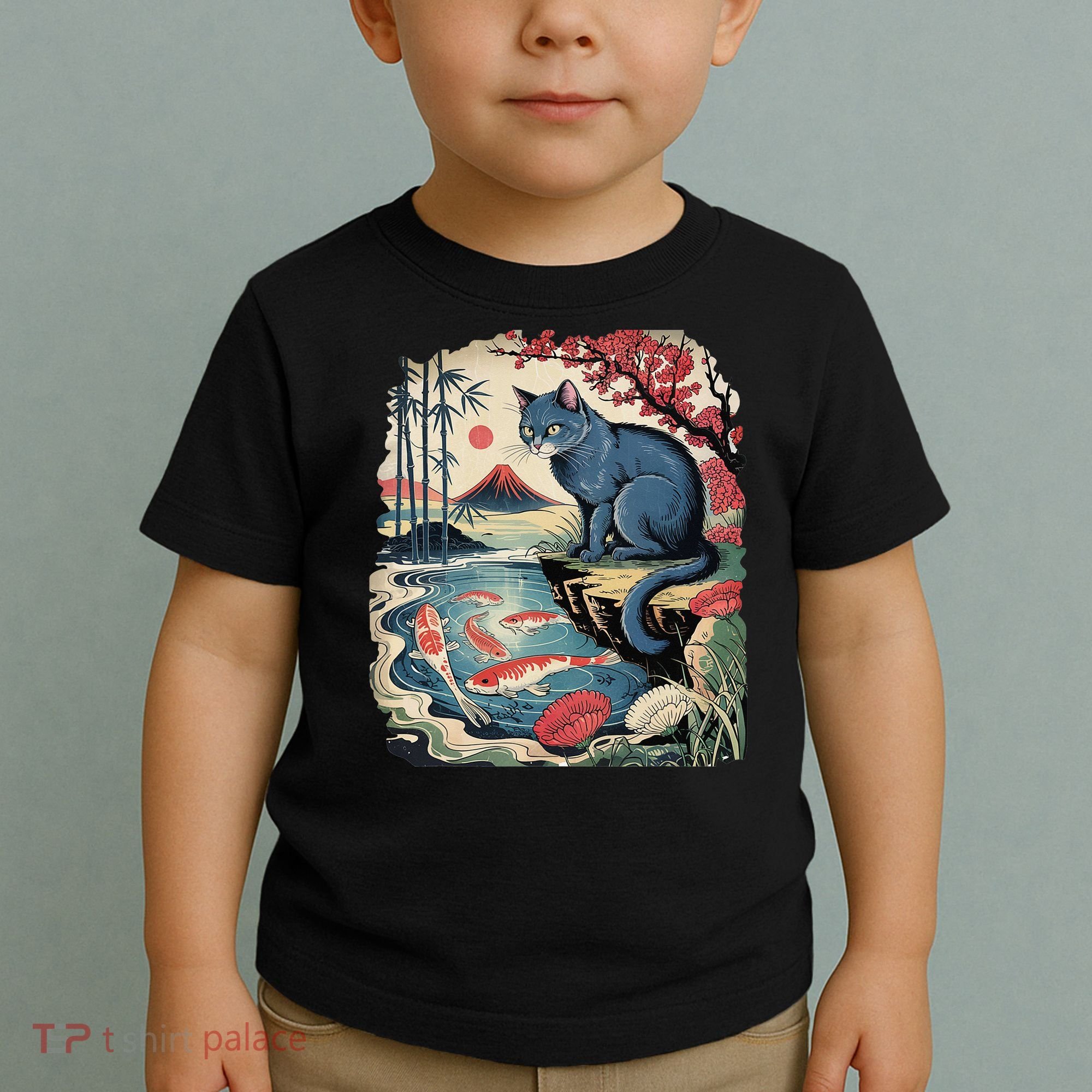 Russian Blue Cat Koi Fish Pond Japanese Ukiyo-e Woodblock Toddler T-Shirt
