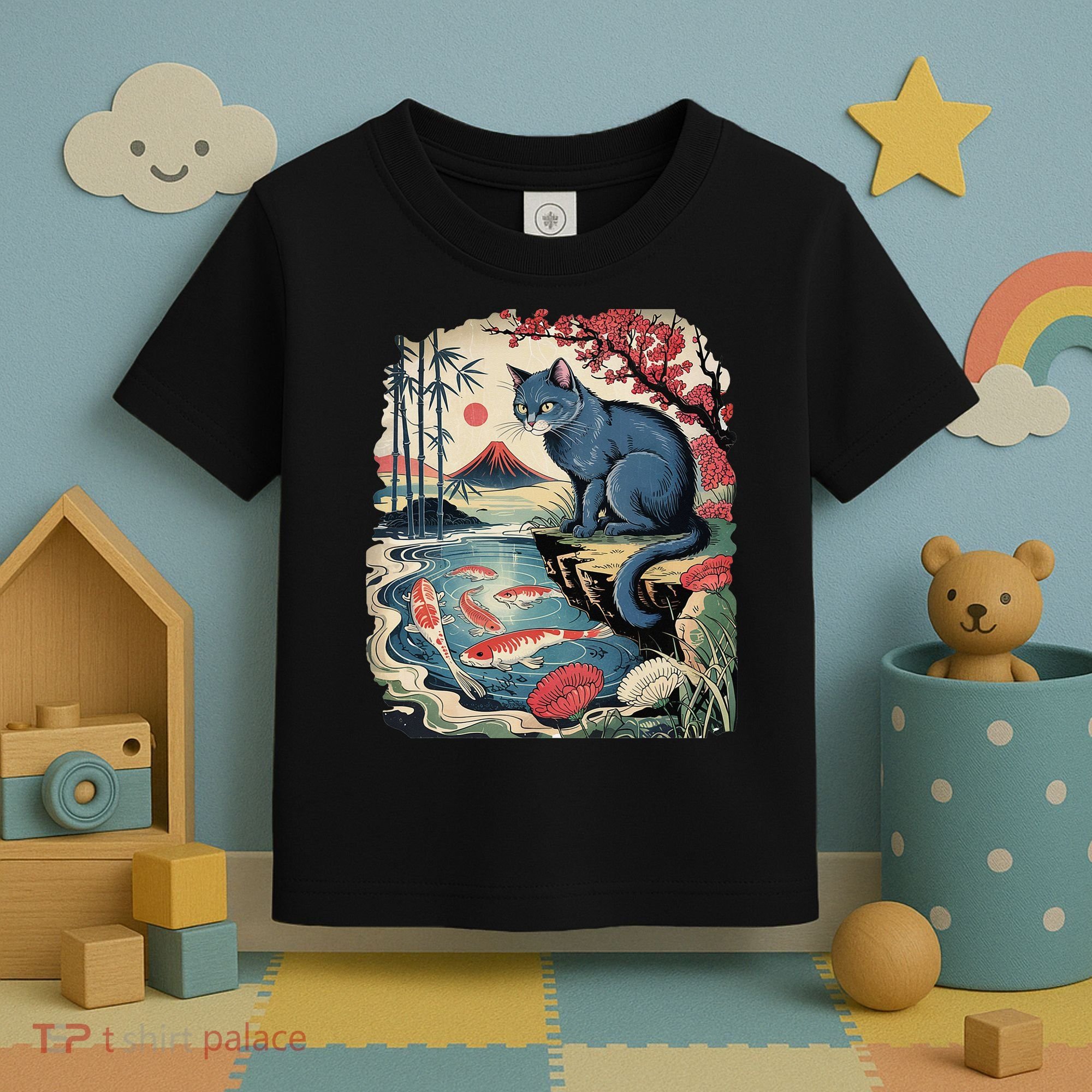 Russian Blue Cat Koi Fish Pond Japanese Ukiyo-e Woodblock Toddler T-Shirt