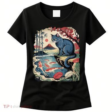 Russian Blue Cat Koi Fish Pond Japanese Ukiyo-e Woodblock Women's T-Shirt