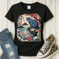 Russian Blue Cat Koi Fish Pond Japanese Ukiyo-e Woodblock Women's T-Shirt thumb 3
