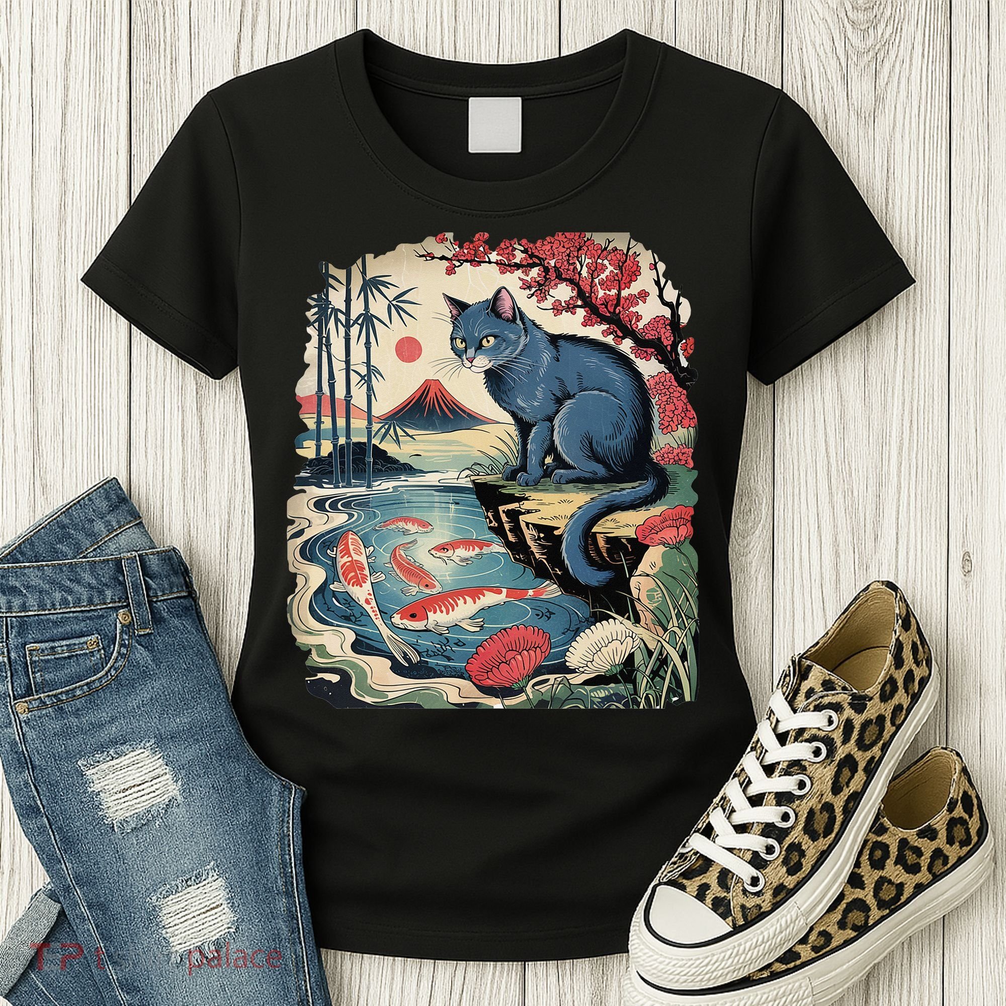Russian Blue Cat Koi Fish Pond Japanese Ukiyo-e Woodblock Women's T-Shirt