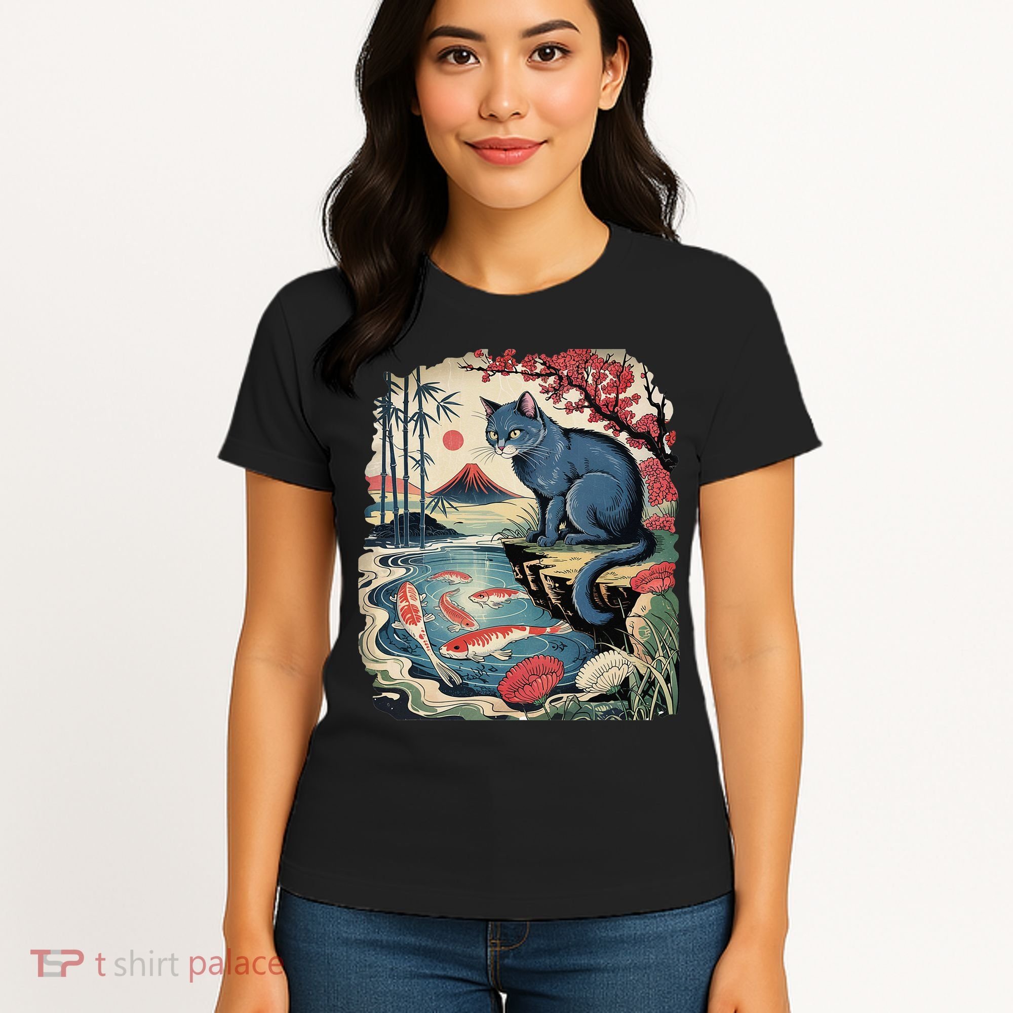 Russian Blue Cat Koi Fish Pond Japanese Ukiyo-e Woodblock Women's T-Shirt