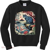 Russian Blue Cat Koi Fish Pond Japanese Ukiyo-e Woodblock Kids Sweatshirt thumb 0