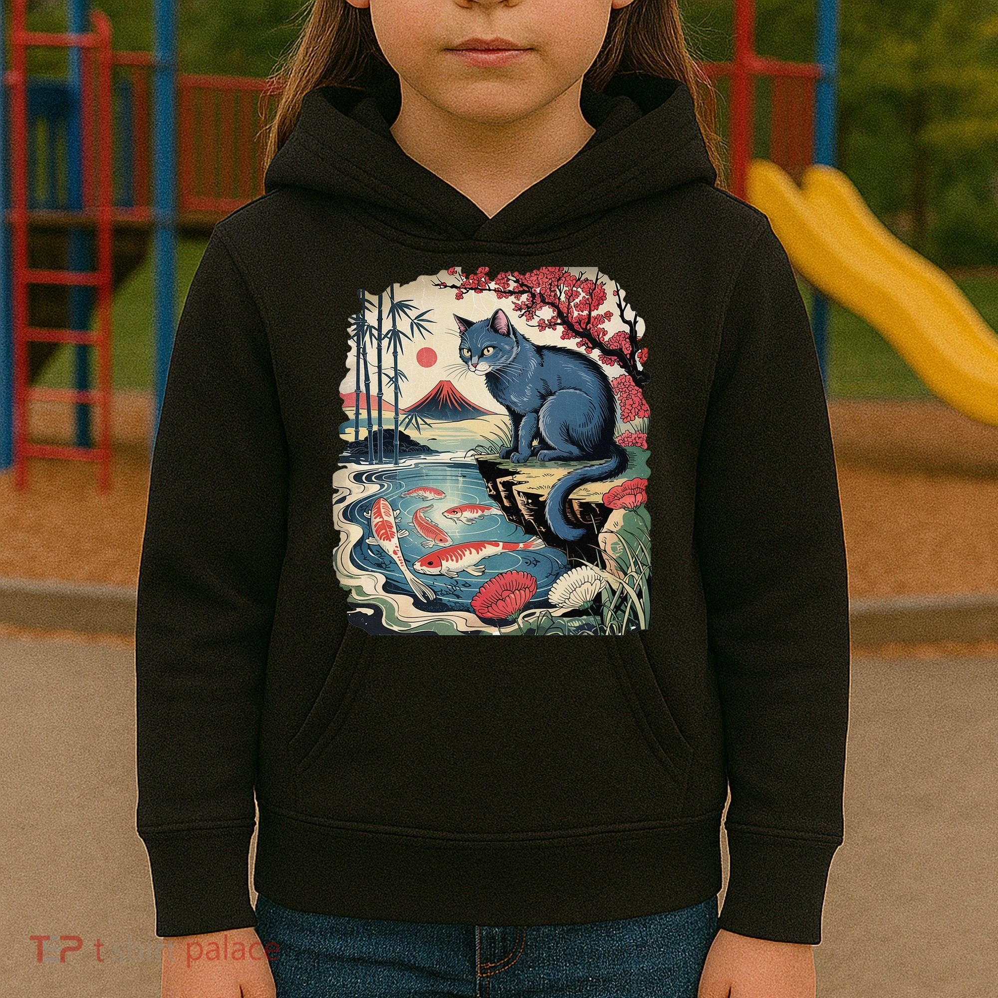 Russian Blue Cat Koi Fish Pond Japanese Ukiyo-e Woodblock Kids Hoodie