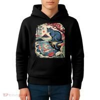 Russian Blue Cat Koi Fish Pond Japanese Ukiyo-e Woodblock Kids Hoodie thumb 4