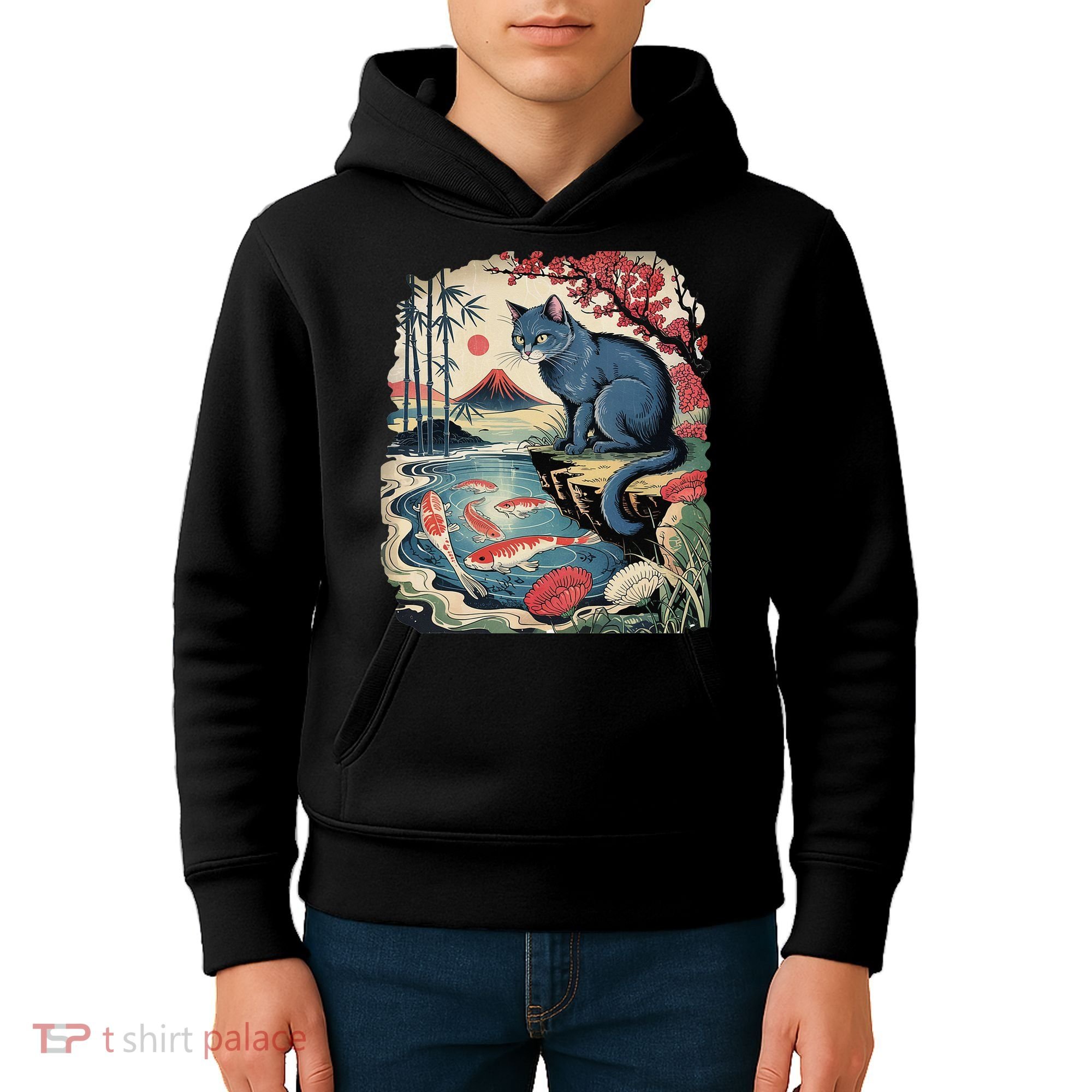 Russian Blue Cat Koi Fish Pond Japanese Ukiyo-e Woodblock Kids Hoodie