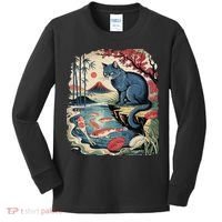 Russian Blue Cat Koi Fish Pond Japanese Ukiyo-e Woodblock Kids Long Sleeve Shirt thumb 0