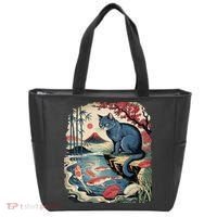 Russian Blue Cat Koi Fish Pond Japanese Ukiyo-e Woodblock Tote Bag thumb 0