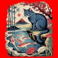 Russian Blue Cat Koi Fish Pond Japanese Ukiyo-e Woodblock Santa Hat thumb 1