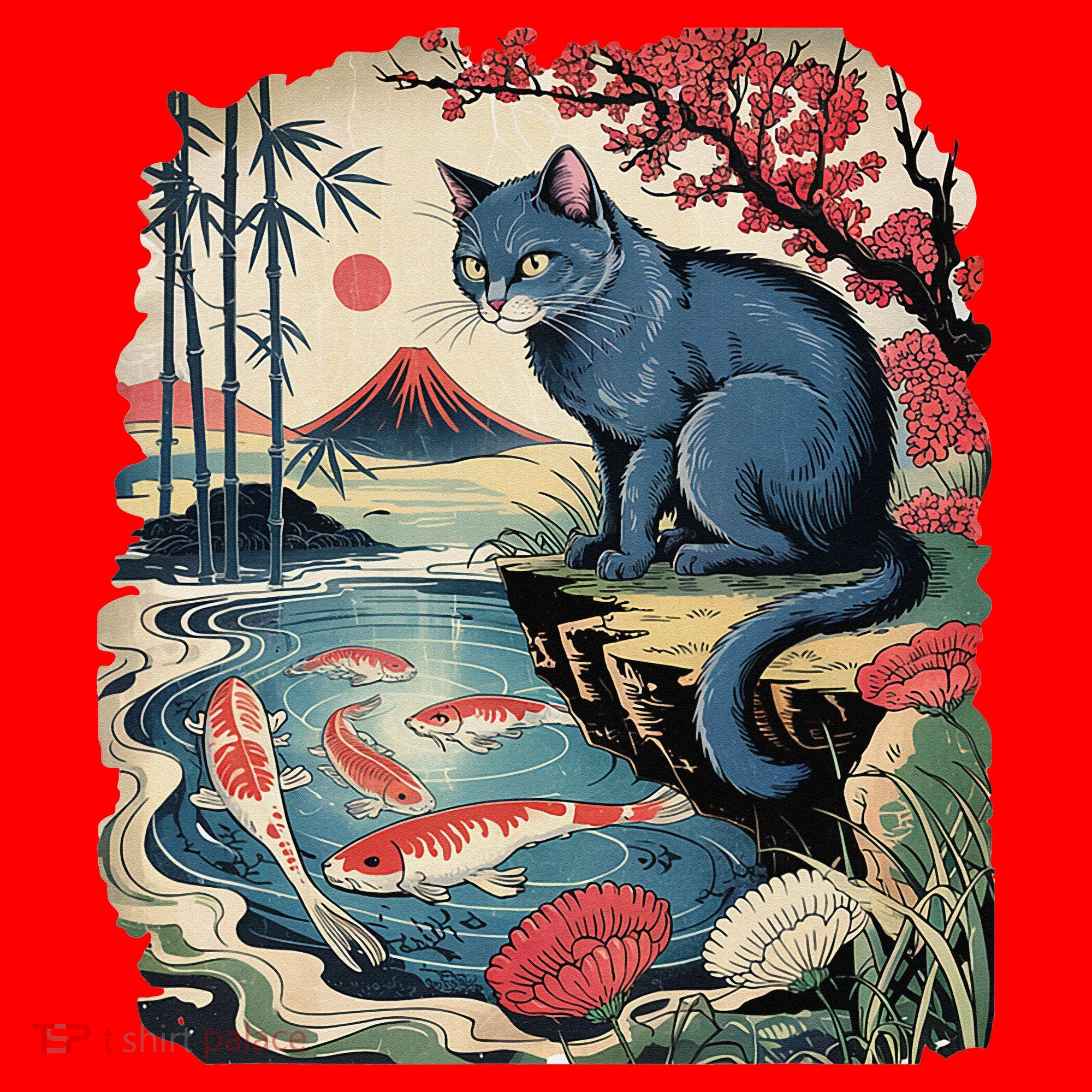Russian Blue Cat Koi Fish Pond Japanese Ukiyo-e Woodblock Santa Hat