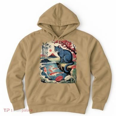 Russian Blue Cat Koi Fish Pond Japanese Ukiyo-e Woodblock Hoodie