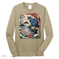 Russian Blue Cat Koi Fish Pond Japanese Ukiyo-e Woodblock Long Sleeve Shirt thumb 0