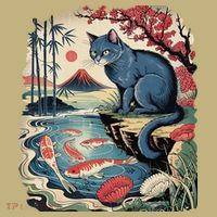 Russian Blue Cat Koi Fish Pond Japanese Ukiyo-e Woodblock Long Sleeve Shirt thumb 2
