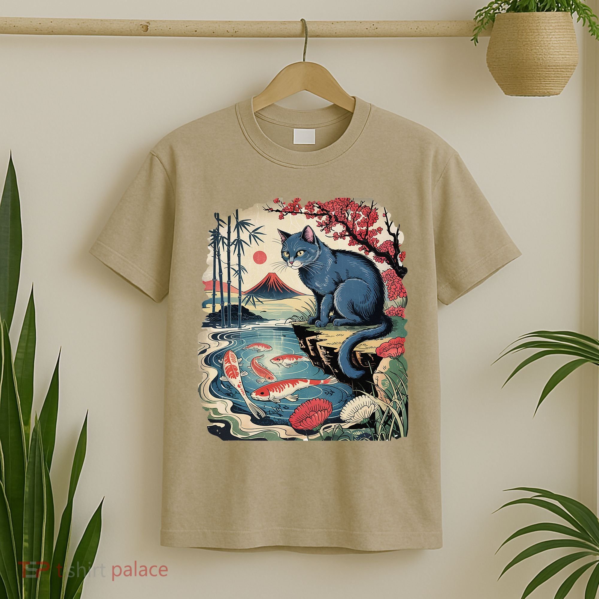 Russian Blue Cat Koi Fish Pond Japanese Ukiyo-e Woodblock T-Shirt