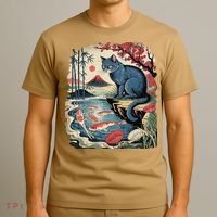 Russian Blue Cat Koi Fish Pond Japanese Ukiyo-e Woodblock T-Shirt thumb 3
