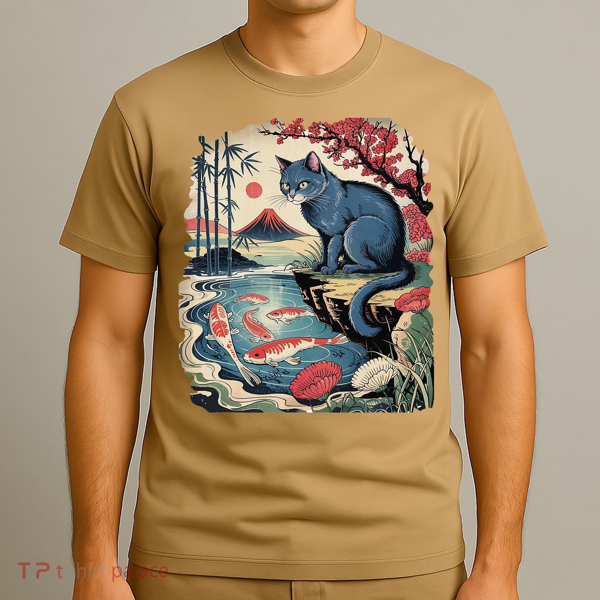 Russian Blue Cat Koi Fish Pond Japanese Ukiyo-e Woodblock T-Shirt