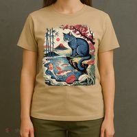 Russian Blue Cat Koi Fish Pond Japanese Ukiyo-e Woodblock T-Shirt thumb 4
