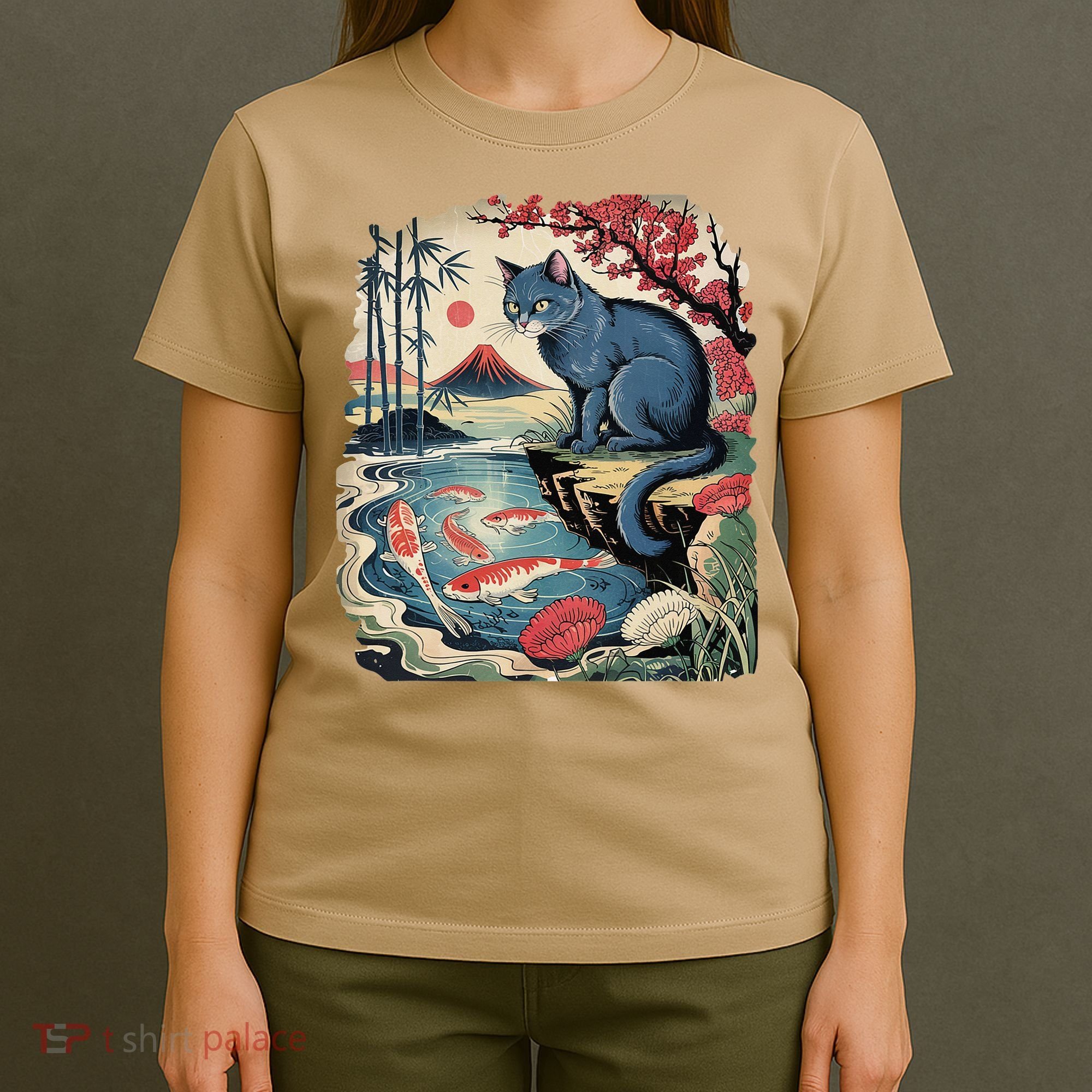 Russian Blue Cat Koi Fish Pond Japanese Ukiyo-e Woodblock T-Shirt
